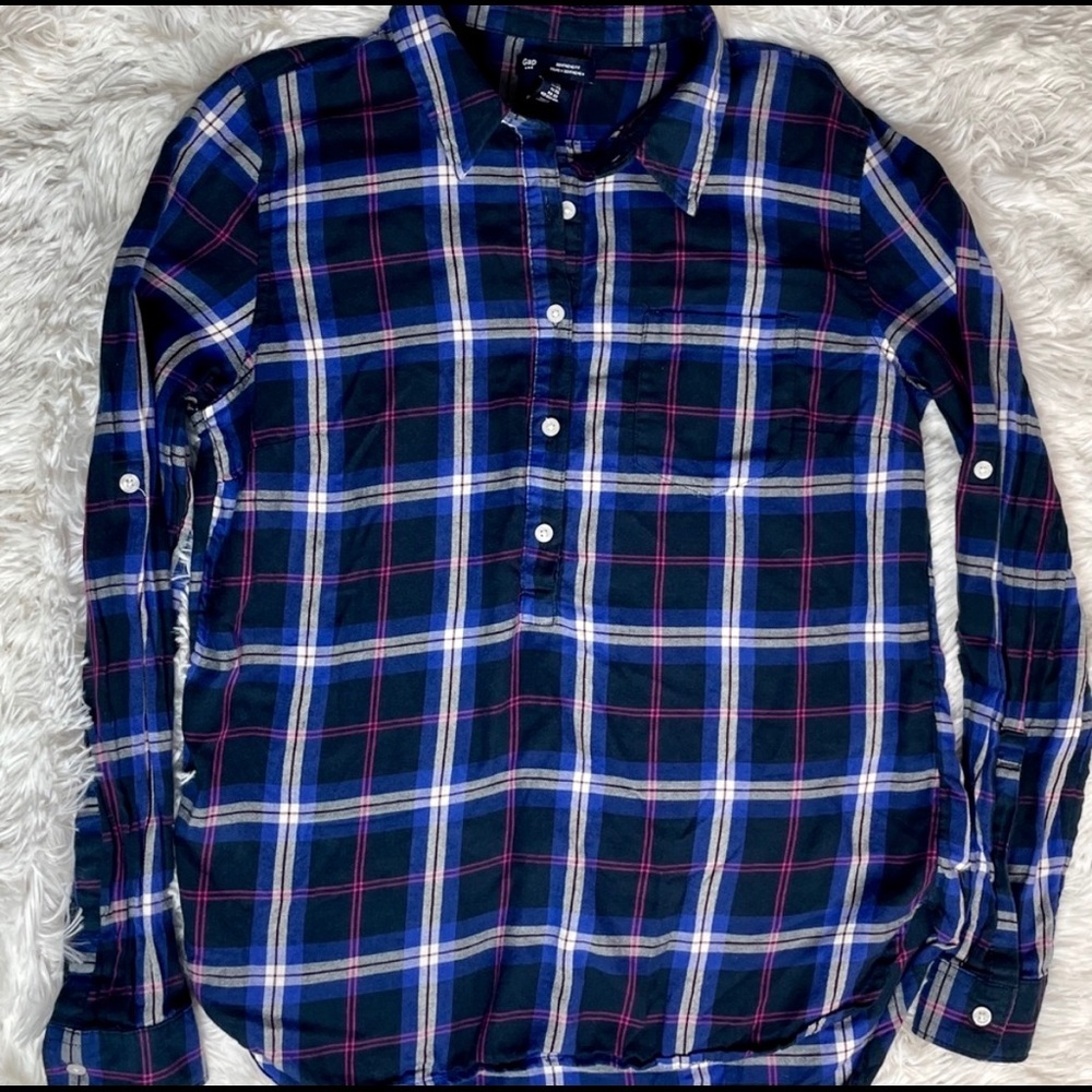 GAP Women’s 5 Sz. XS Button Plaid Shirt Boyfriend Fit Blue Black Pink